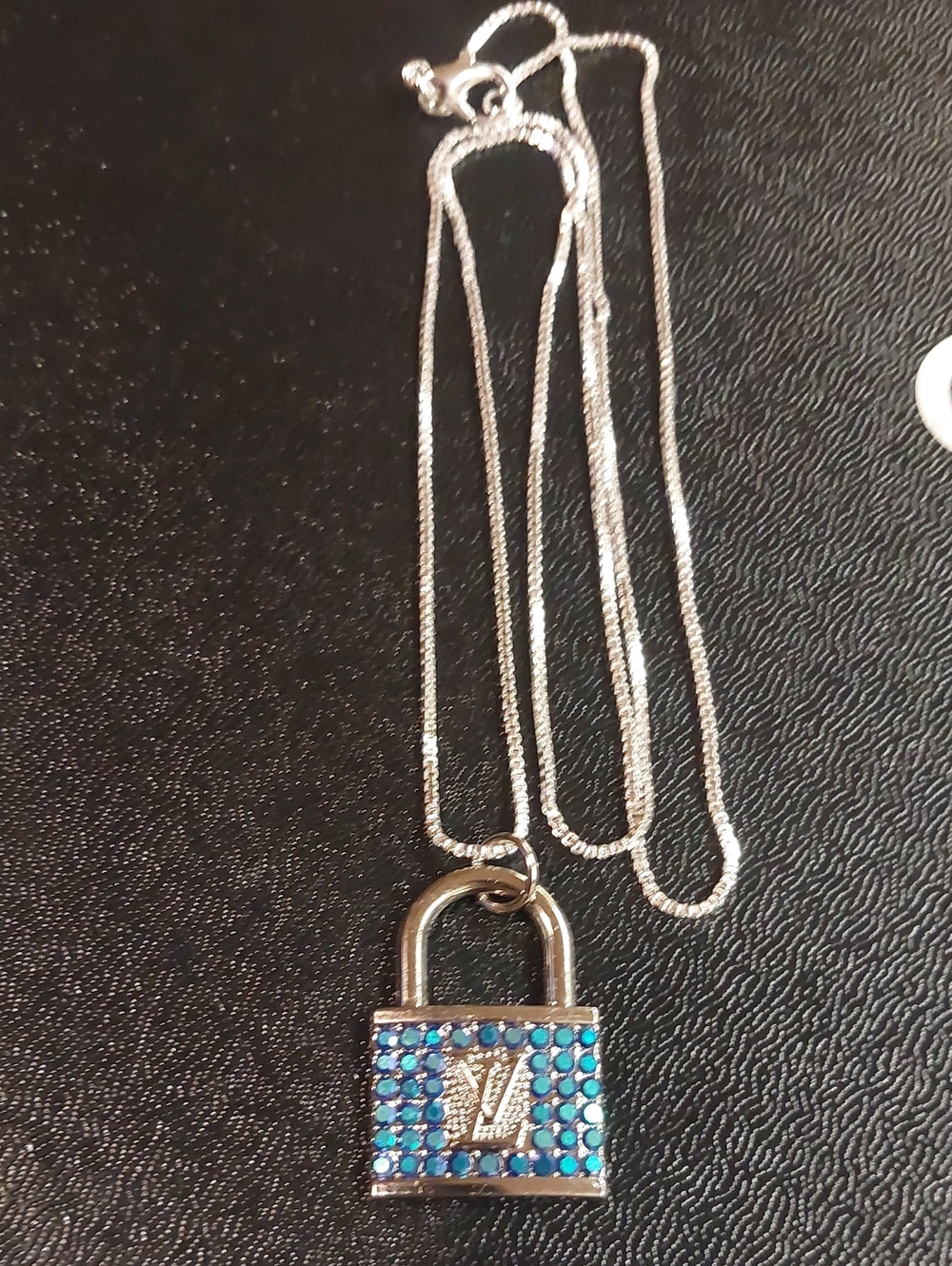Silver LV Padlock Pendant Necklace with Blue Crystal Accents